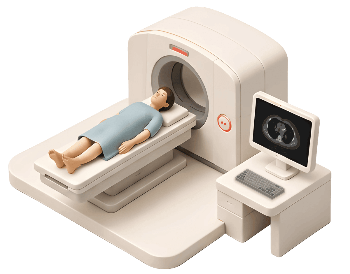 Patient undergoing a CCTA heart scan with heart imagery on screen